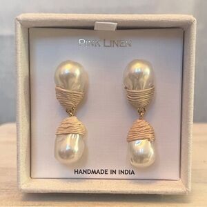 Pink Linen NWT Pearl Wrapped Drop Earrings Handmade In India
